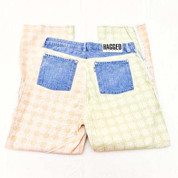 The Ragged Priest Jeans Patchwork Checkered Jeans Lime Green Salmon Blue Size 34 - Picture 5 of 9